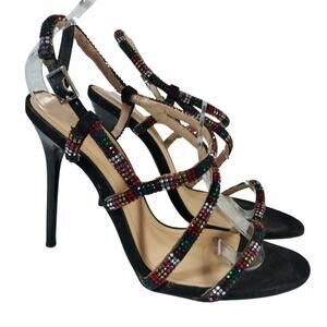 ZARA TRAFALUC! CHIC BLACK RAINBOW CORDED SUPER STRAPPY STILETTO HEELS! SZ 7.5M